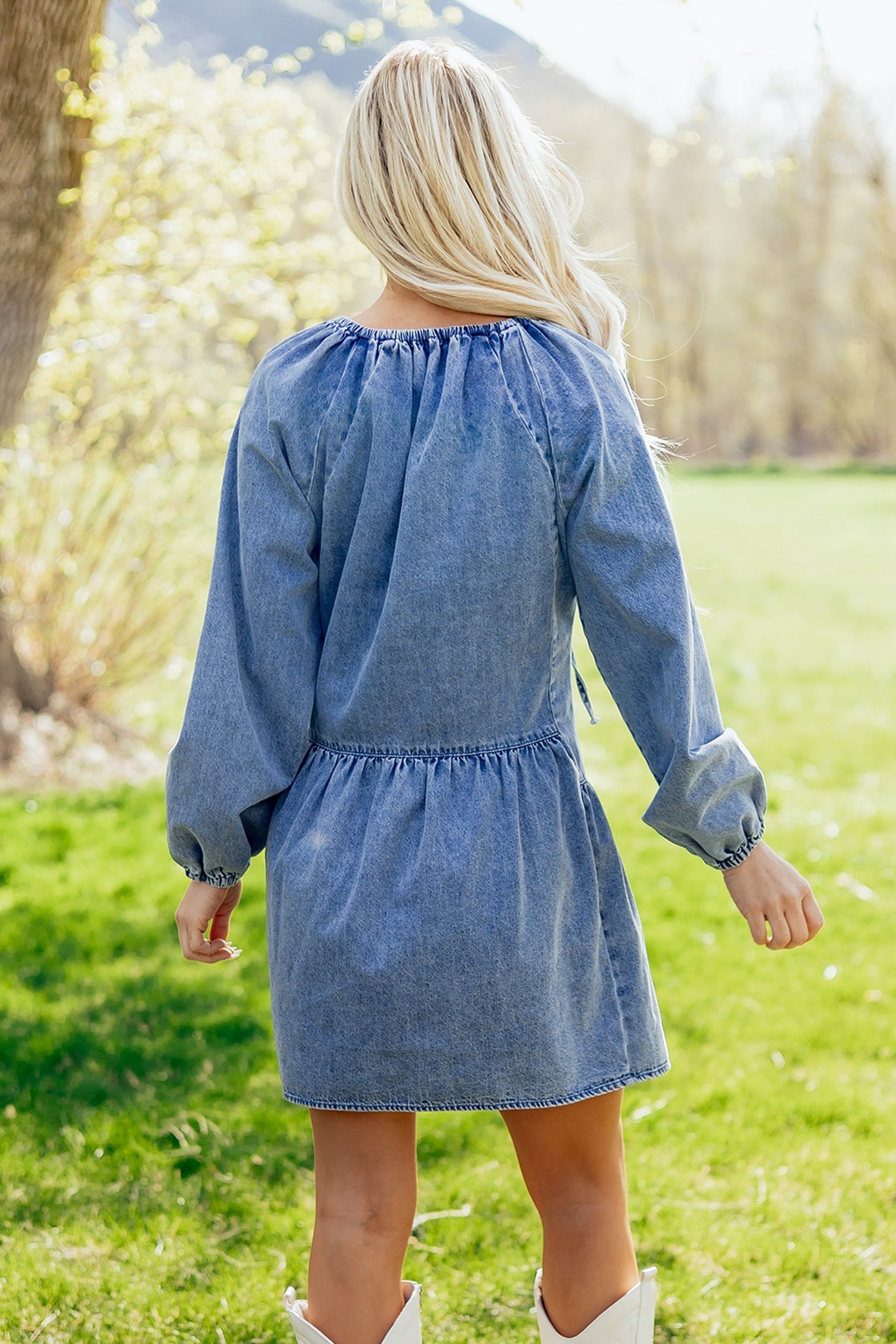 Myosotis Puff Sleeve V-Neck Ruffled Loose Denim Mini Dress