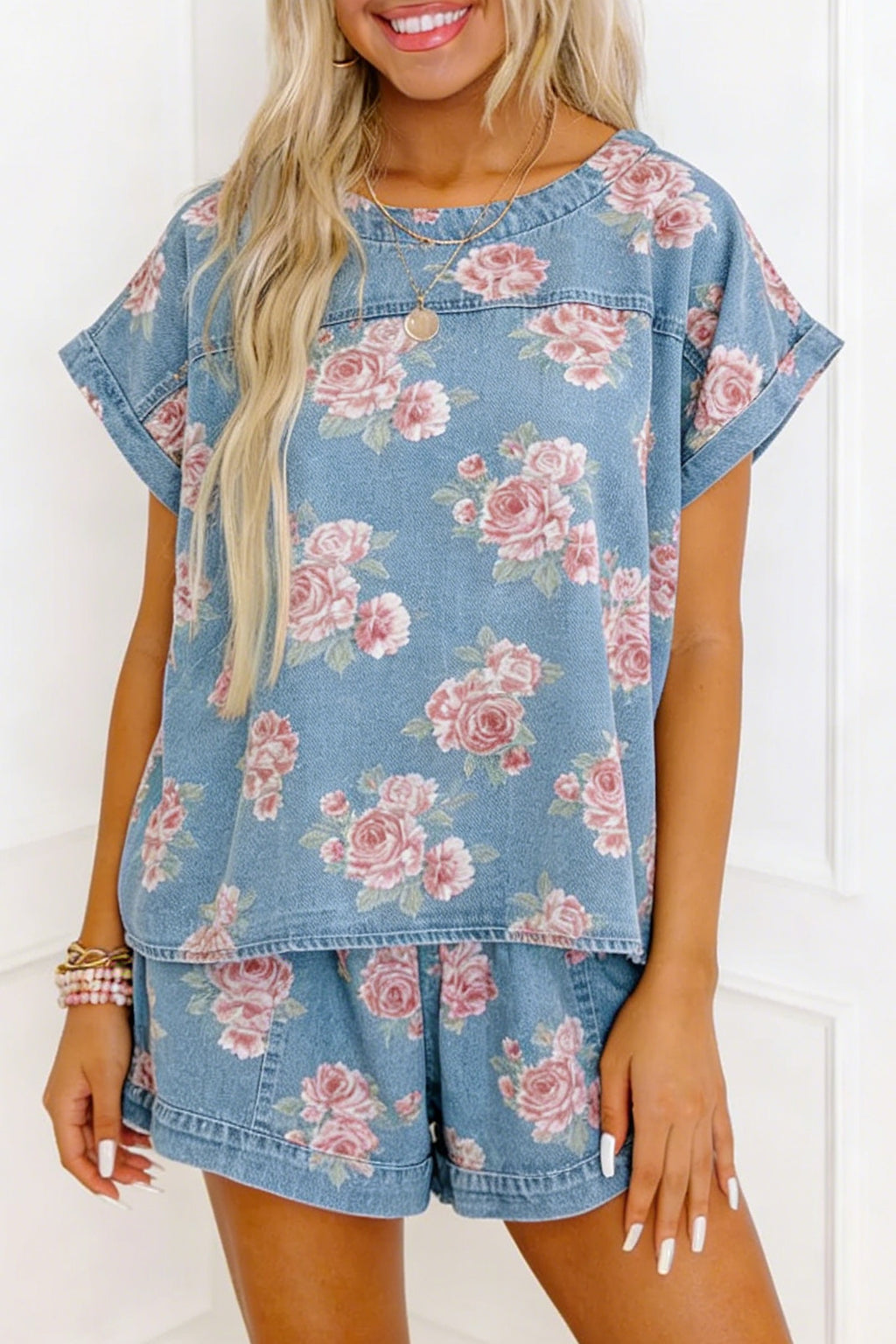Floral Denim Short Set – Sky Blue
