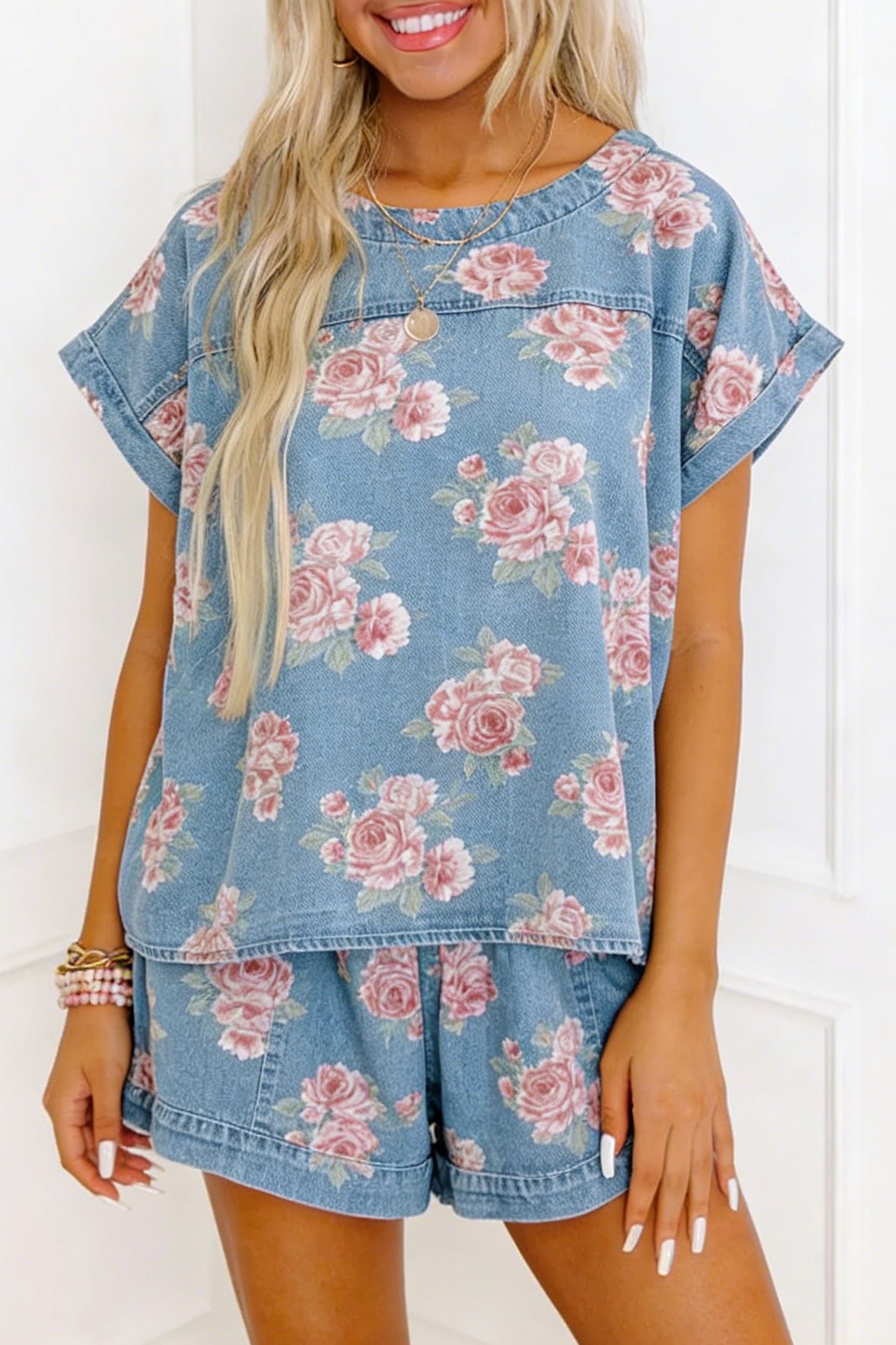 Floral Denim Short Set – Sky Blue