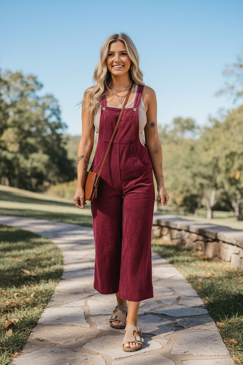 Fiery Red Solid Color Corduroy Wide Leg Bib Overalls
