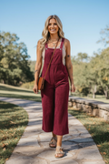 Fiery Red Solid Color Corduroy Wide Leg Bib Overalls