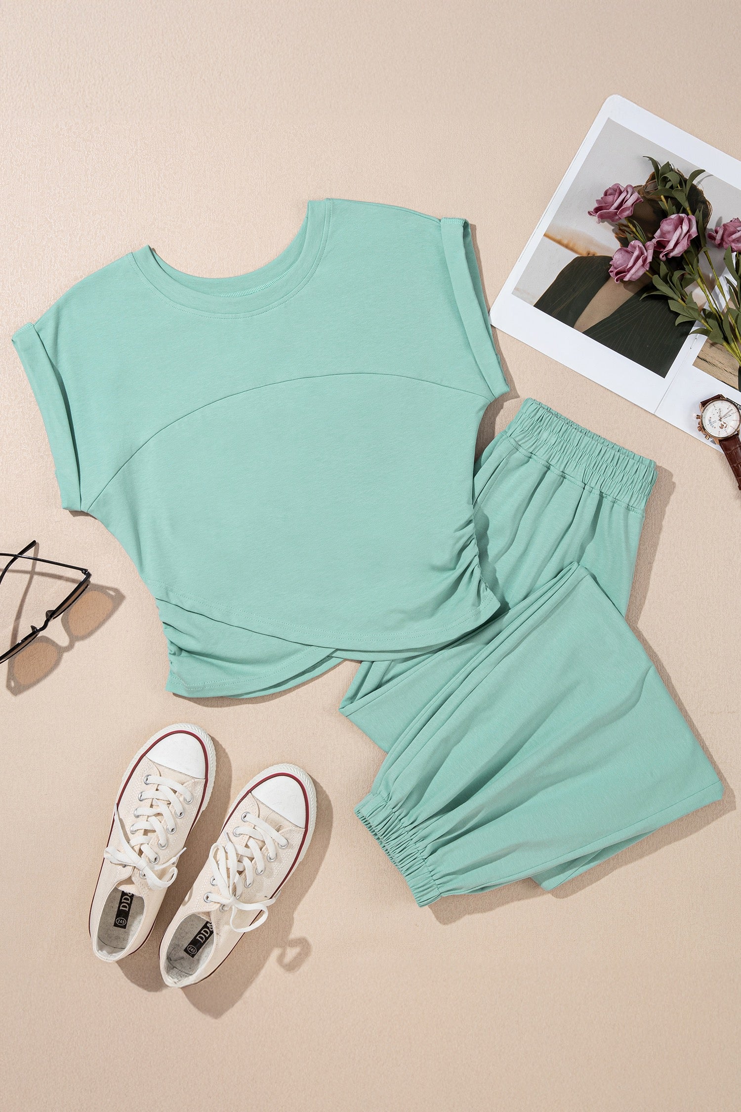Moonlight Jade Solid Color Cropped Tank Top and Jogger Pants Set