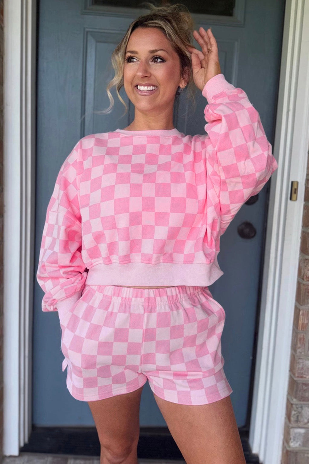 Pink Plaid Checkered Long Sleeve Crop Top & Elastic Waist Shorts Two Piece Set