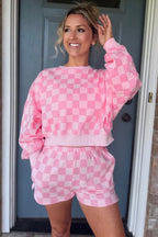 Pink Plaid Checkered Long Sleeve Crop Top & Elastic Waist Shorts Two Piece Set