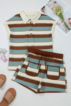 White Stripe Button Polo Collar Tee & Drawstring Elastic Waist Patchwork 2pcs Short Set