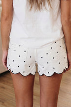 Hem Shorts White Polka Dot Print Embroidered Scallop