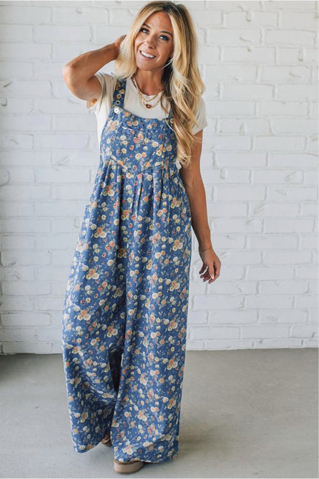 Blue Vintage Rose Printed Loose Denim Overall Jumpsuit