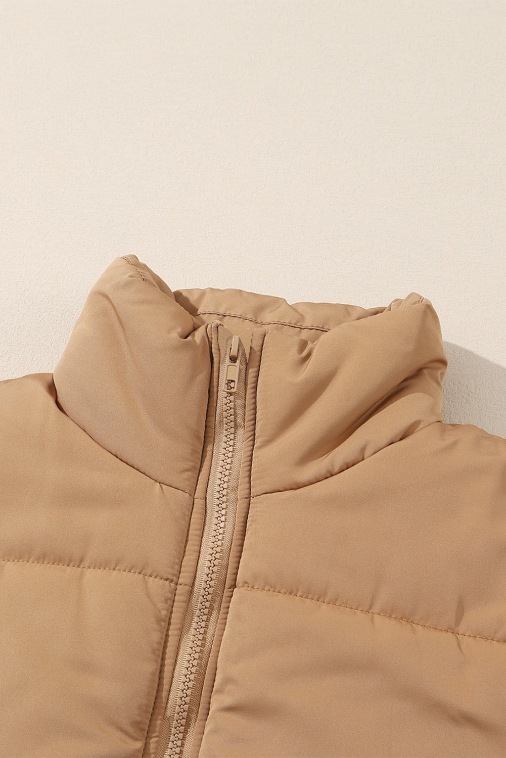 Khaki Oversized Stand Collar Zip Winter Vest