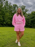Pink Plaid Checkered Long Sleeve Crop Top & Elastic Waist Shorts Two Piece Set