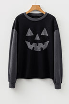 Black Halloween Rhinestone Pumpkin Face Contrast Ribbed Long Sleeve Top