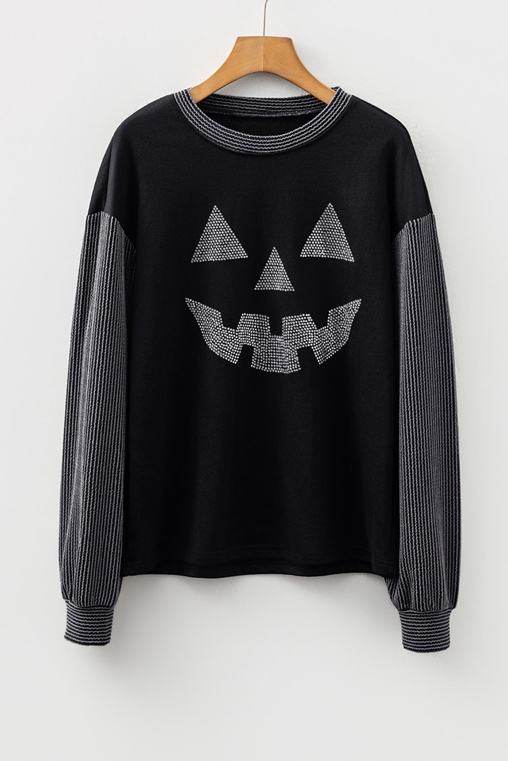 Black Halloween Rhinestone Pumpkin Face Contrast Ribbed Long Sleeve Top