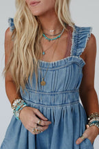 Dusk Blue Frayed Wide Straps Pleated High Waist Cotton Denim Romper