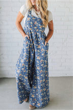 Blue Vintage Rose Printed Loose Denim Overall Jumpsuit