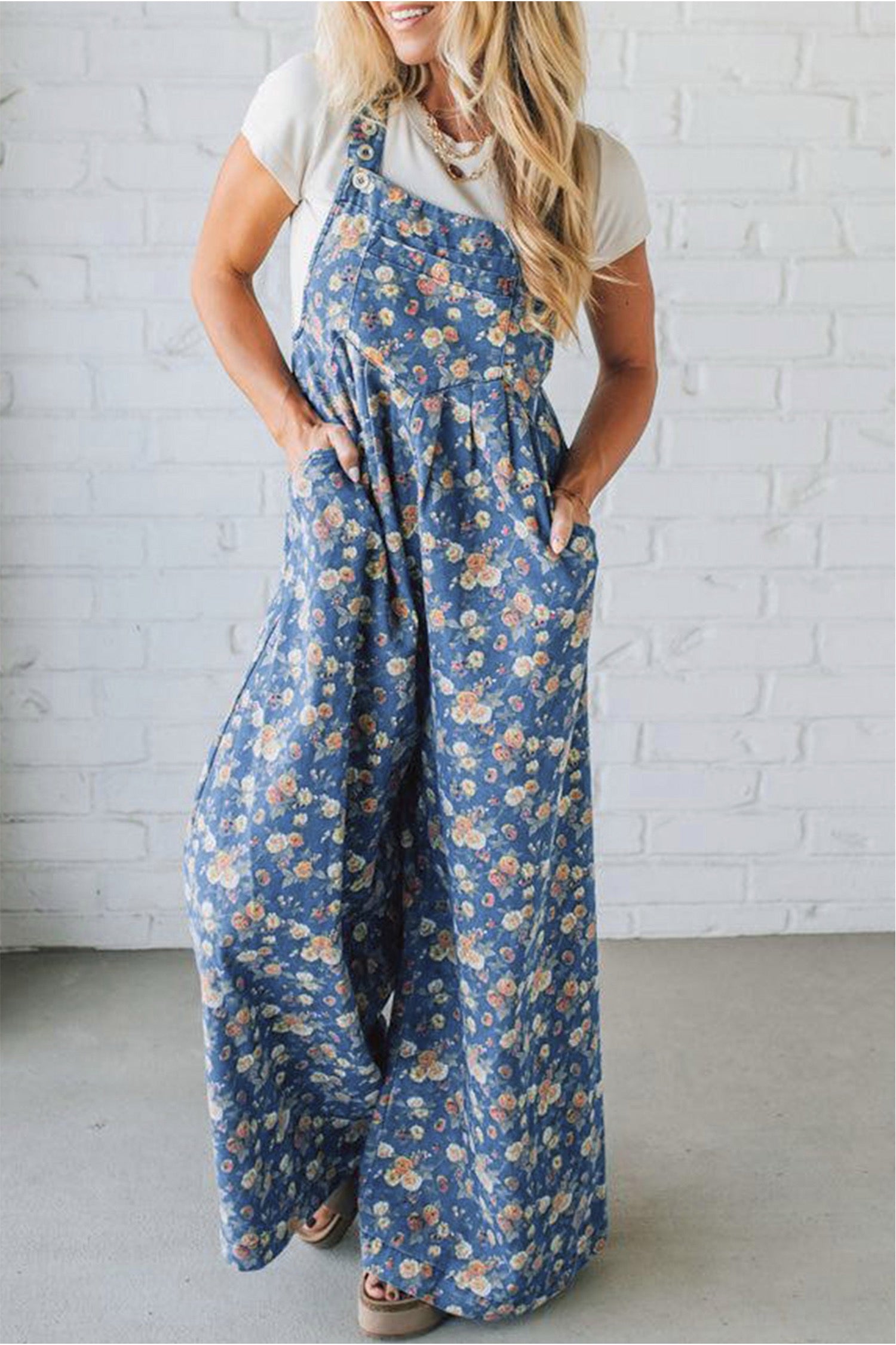 Blue Vintage Rose Printed Loose Denim Overall Jumpsuit
