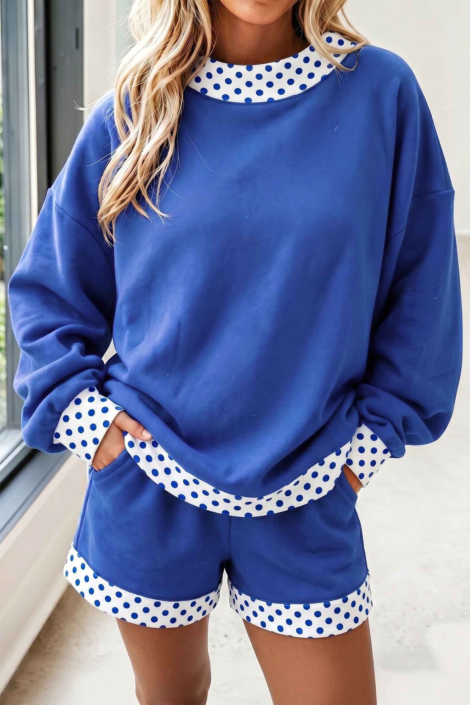 Dark Blue Polka Dot/Gingham Trim Baggy Pullover 2pcs Short Set