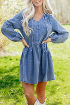 Myosotis Puff Sleeve V-Neck Ruffled Loose Denim Mini Dress