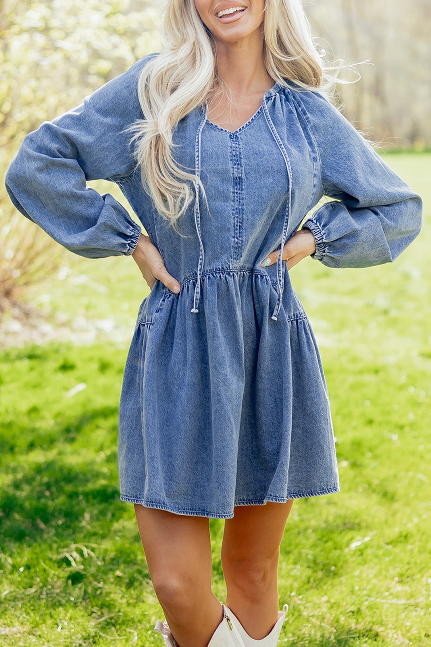 Myosotis Puff Sleeve V-Neck Ruffled Loose Denim Mini Dress