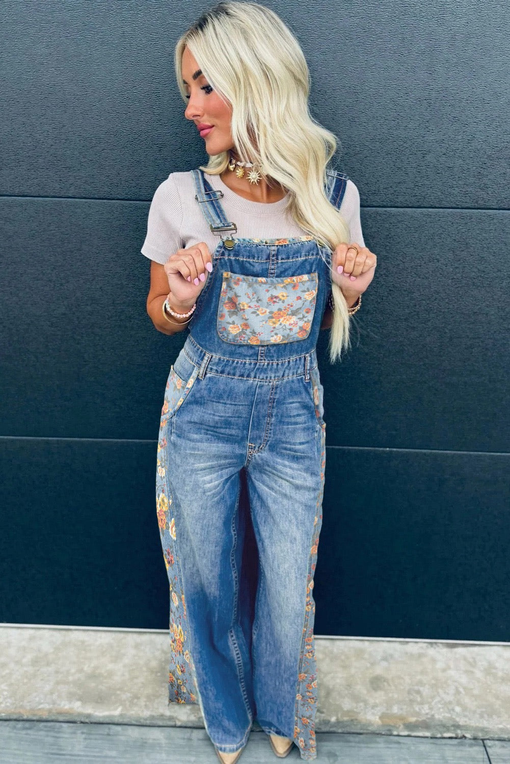 Peacock Blue Floral Patchwork Bib Denim Wide-Leg Overalls