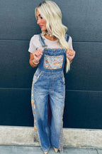 Peacock Blue Floral Patchwork Bib Denim Wide-Leg Overalls