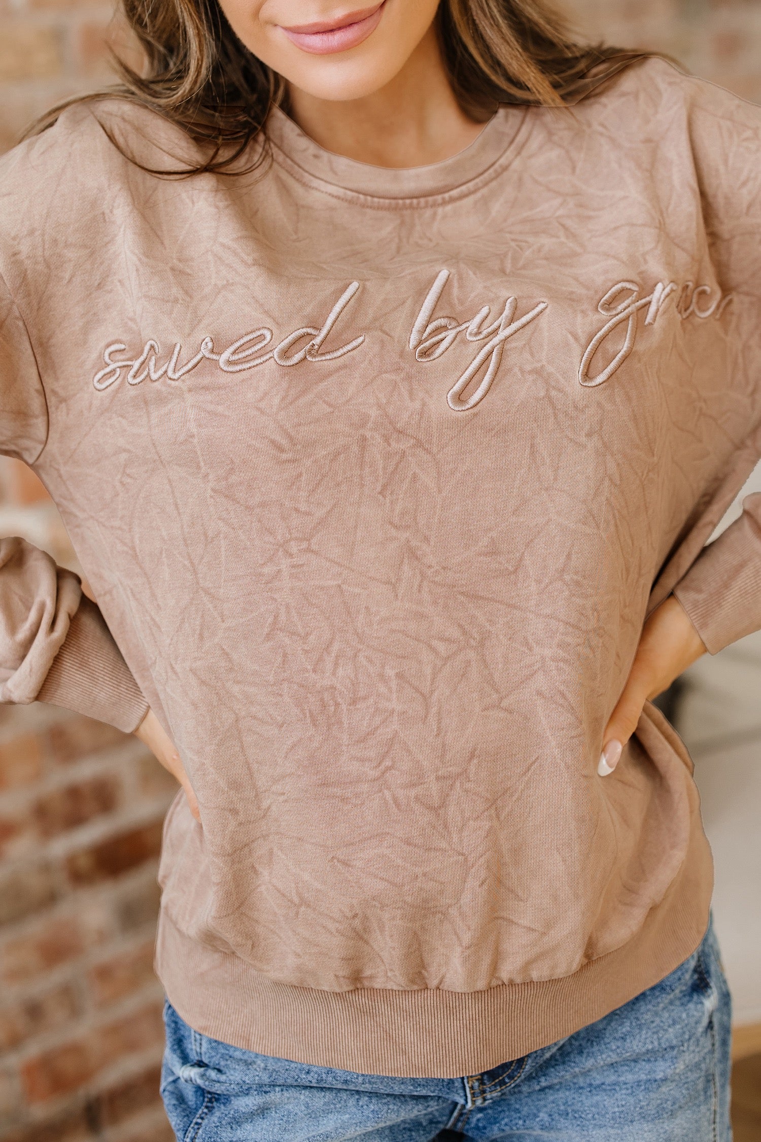 Saved by Grace Letter Embroidery Mineral Wash Sweatshirt