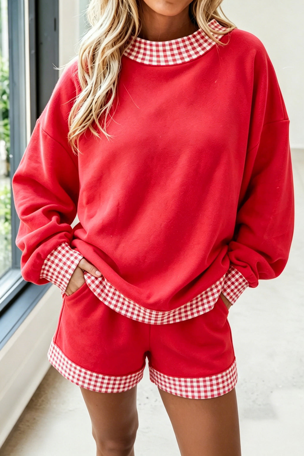 Polka Dot/Gingham Trim Baggy Pullover 2-Piece Short Setting