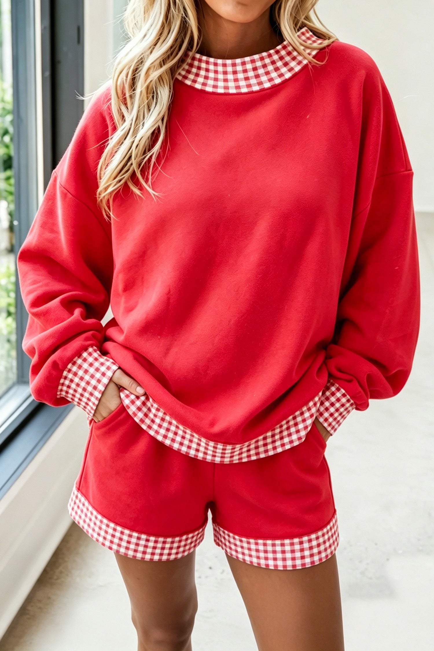Polka Dot/Gingham Trim Baggy Pullover 2-Piece Short Setting