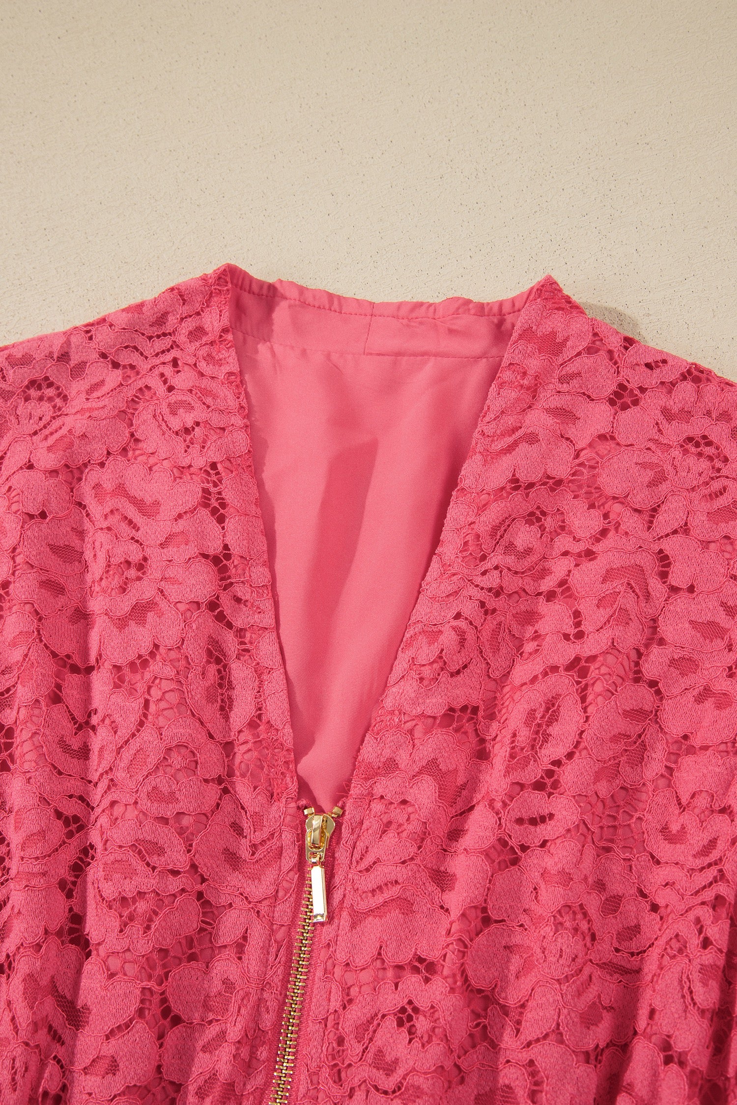 Coral Floral Lace Overlay Zip Up V Neck Smocked Waist Sleeveless Dress