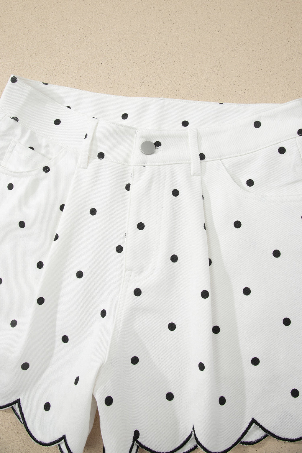Hem Shorts White Polka Dot Print Embroidered Scallop