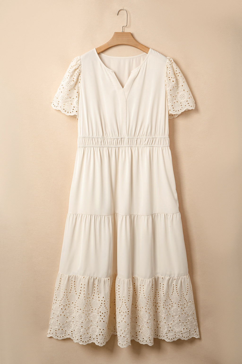 Apricot Plus Size V Neck Lacy Embroidery Patchwork Short Sleeve Maxi Dress