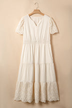 Apricot Plus Size V Neck Lacy Embroidery Patchwork Short Sleeve Maxi Dress
