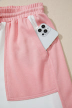 White Two-tone Color Block Patchwork Tee Drawstring Loose Pant Set