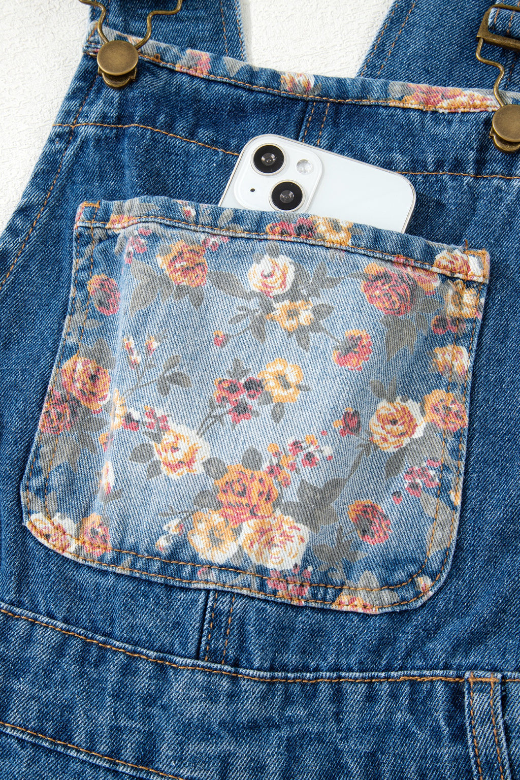 Peacock Blue Floral Patchwork Bib Denim Wide-Leg Overalls