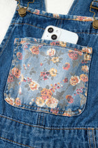 Peacock Blue Floral Patchwork Bib Denim Wide-Leg Overalls