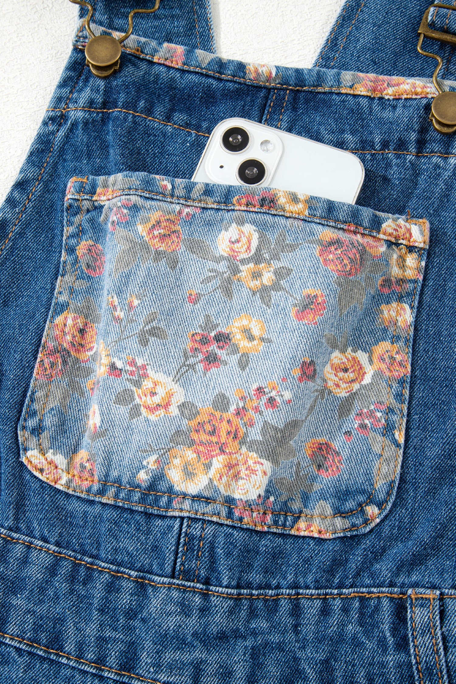 Peacock Blue Floral Patchwork Bib Denim Wide-Leg Overalls