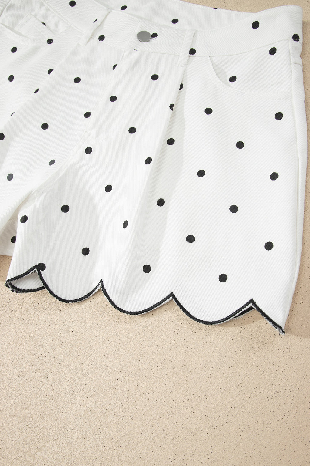 Hem Shorts White Polka Dot Print Embroidered Scallop
