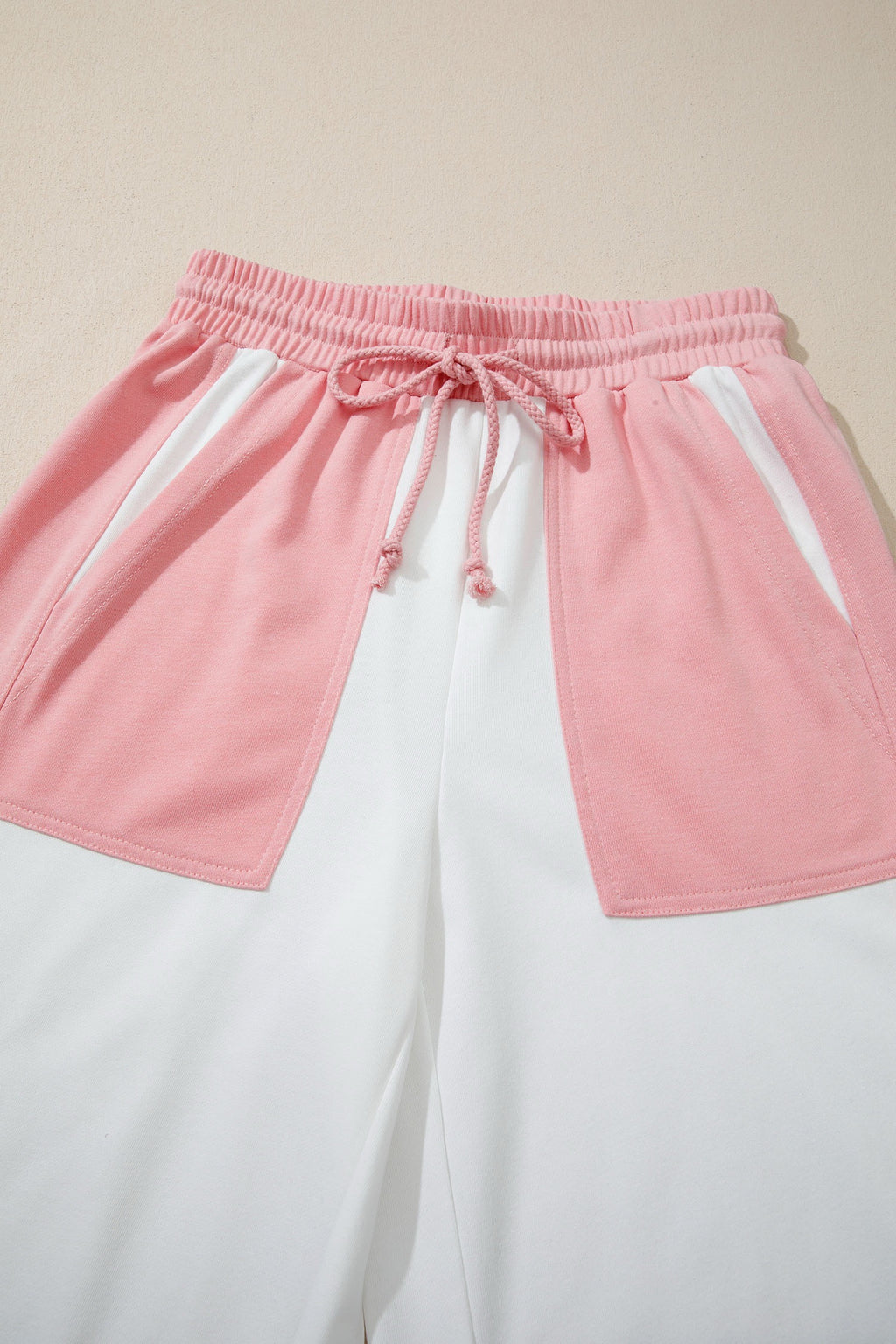 White Two-tone Color Block Patchwork Tee Drawstring Loose Pant Set