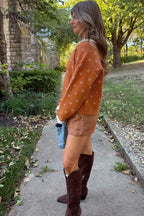 Russet Orange Peter Pan Collar Colorblock Long Sleeve Knitwear Cardigan