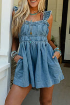 Dusk Blue Frayed Wide Straps Pleated High Waist Cotton Denim Romper
