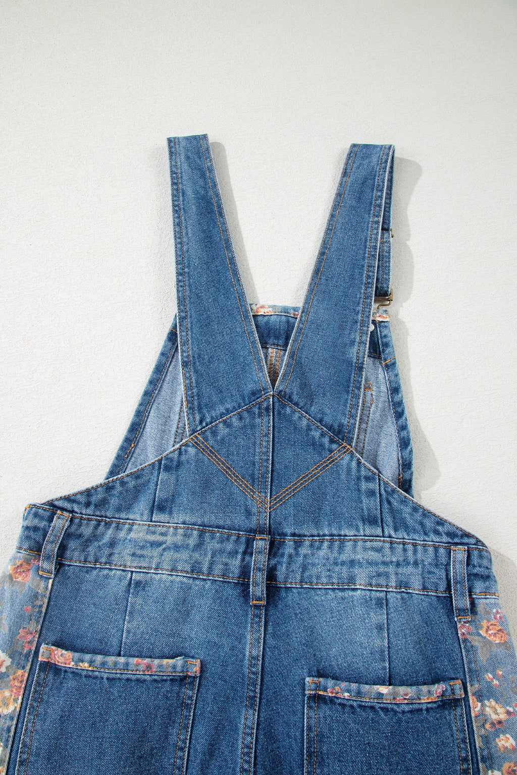Peacock Blue Floral Patchwork Bib Denim Wide-Leg Overalls