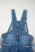 Peacock Blue Floral Patchwork Bib Denim Wide-Leg Overalls