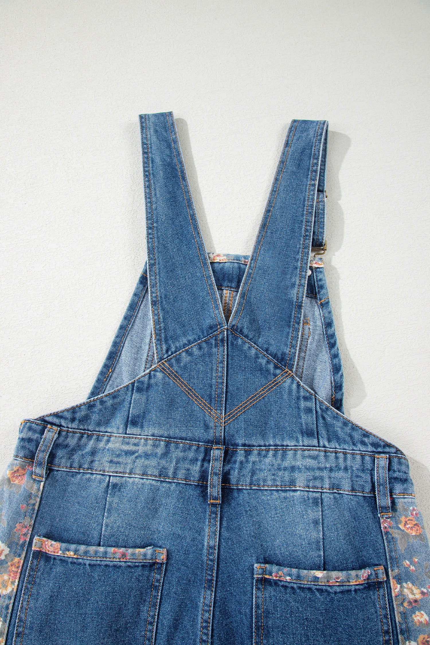 Peacock Blue Floral Patchwork Bib Denim Wide-Leg Overalls