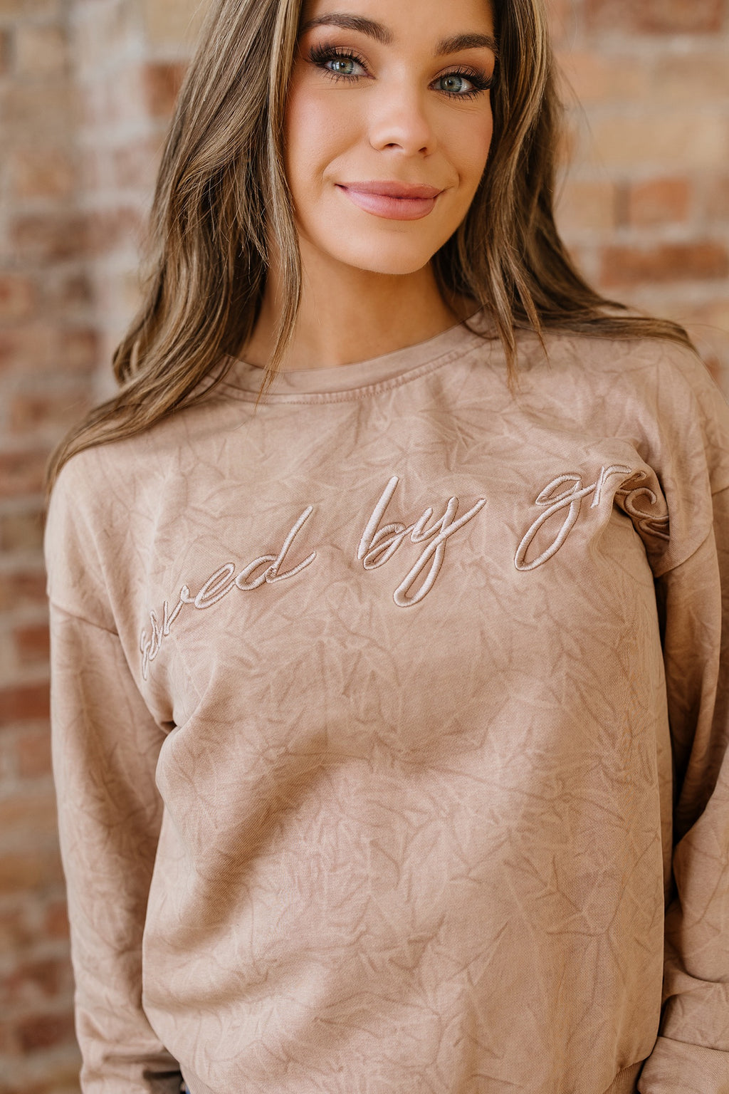 Saved by Grace Letter Embroidery Mineral Wash Sweatshirt
