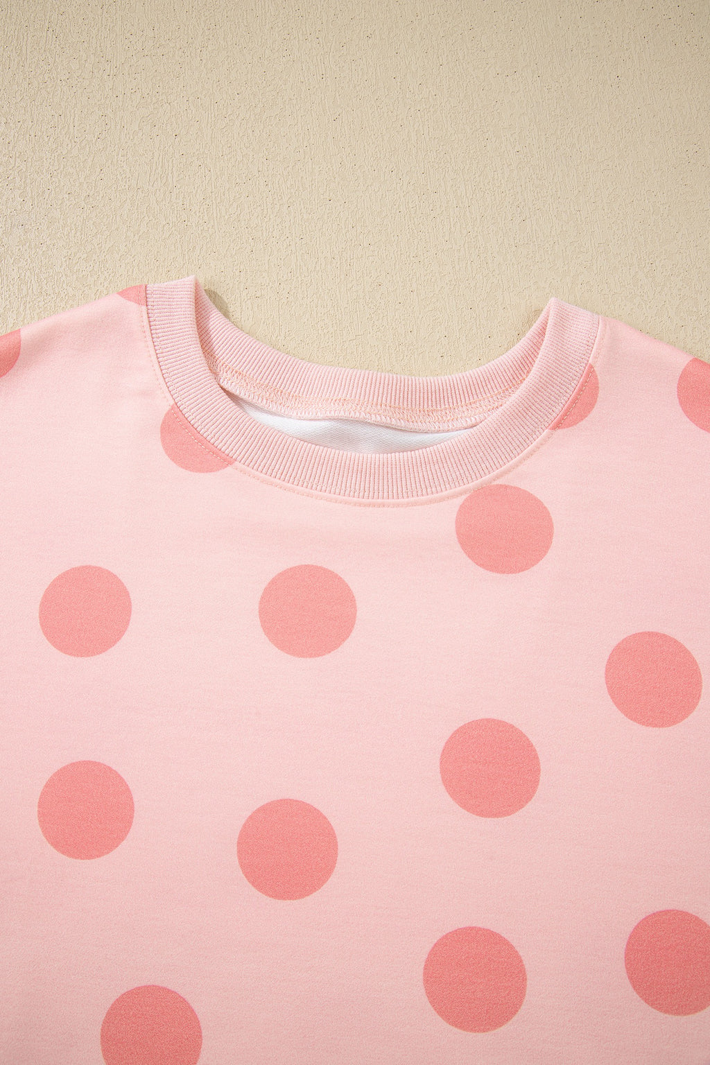 Pink Polka Dot Print Drop Shoulder Pullover Drawstring Shorts Set