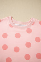 Pink Polka Dot Print Drop Shoulder Pullover Drawstring Shorts Set