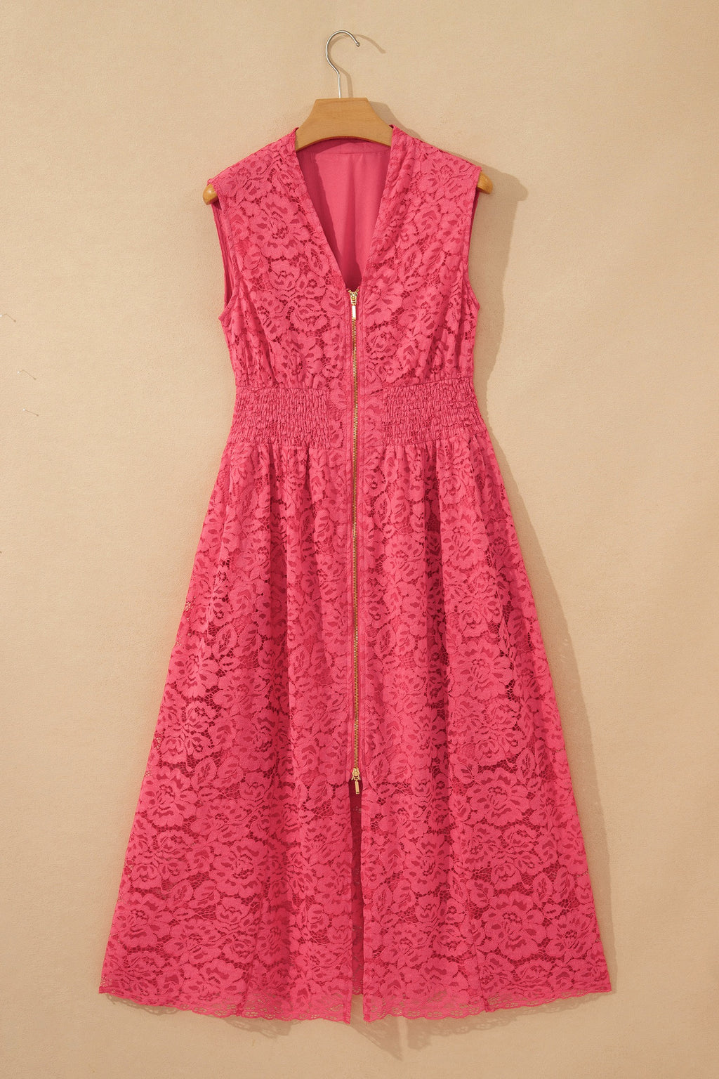 Coral Floral Lace Overlay Zip Up V Neck Smocked Waist Sleeveless Dress