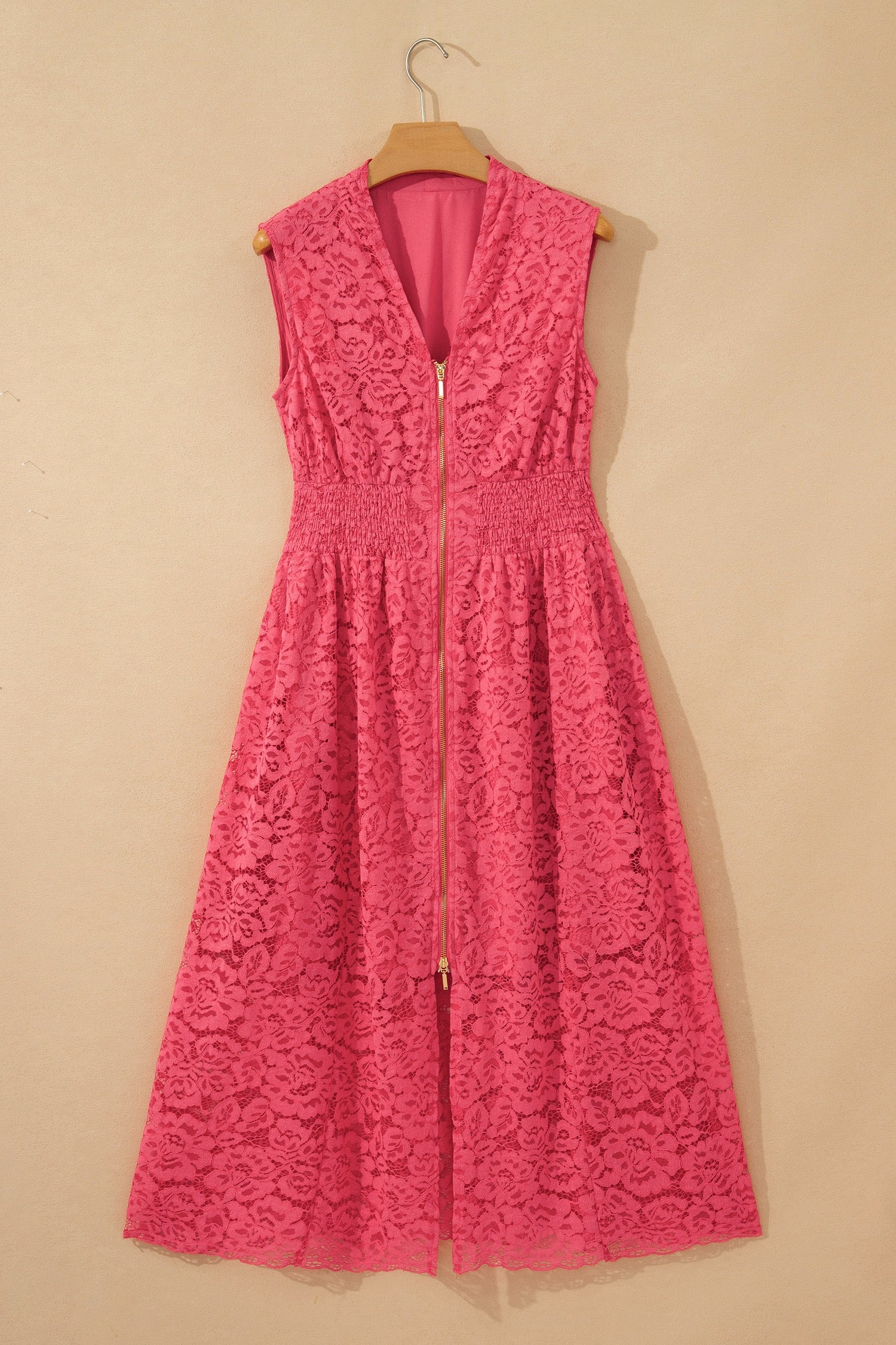 Coral Floral Lace Overlay Zip Up V Neck Smocked Waist Sleeveless Dress