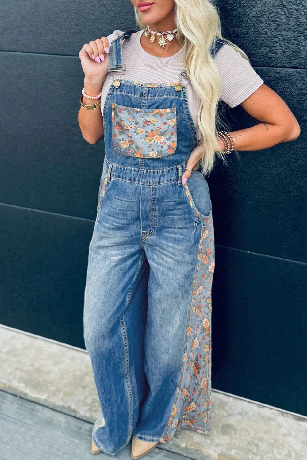 Peacock Blue Floral Patchwork Bib Denim Wide-Leg Overalls