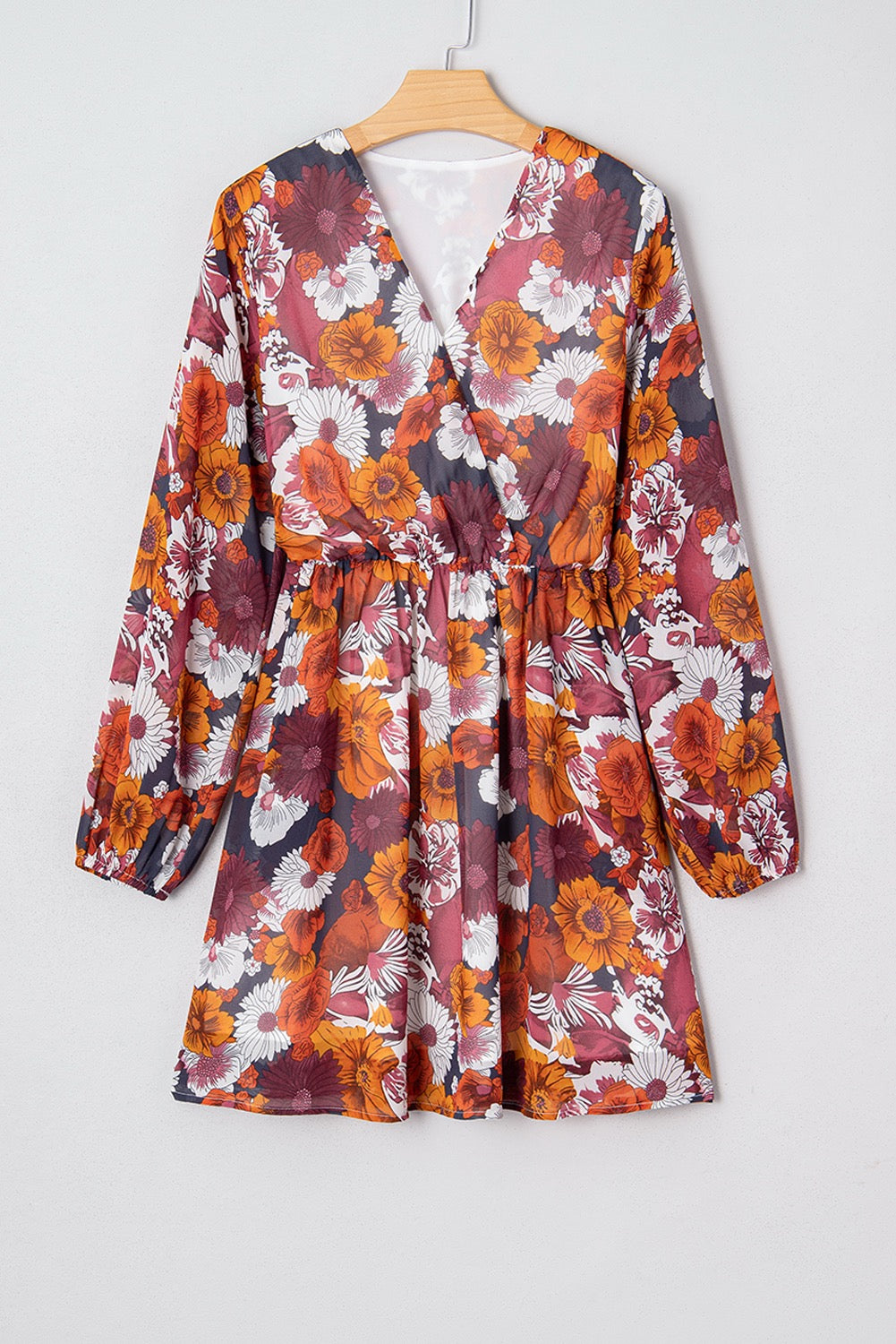 Red Floral Print Wrap V Neck Puff Sleeve Flowy Mini Dress Za