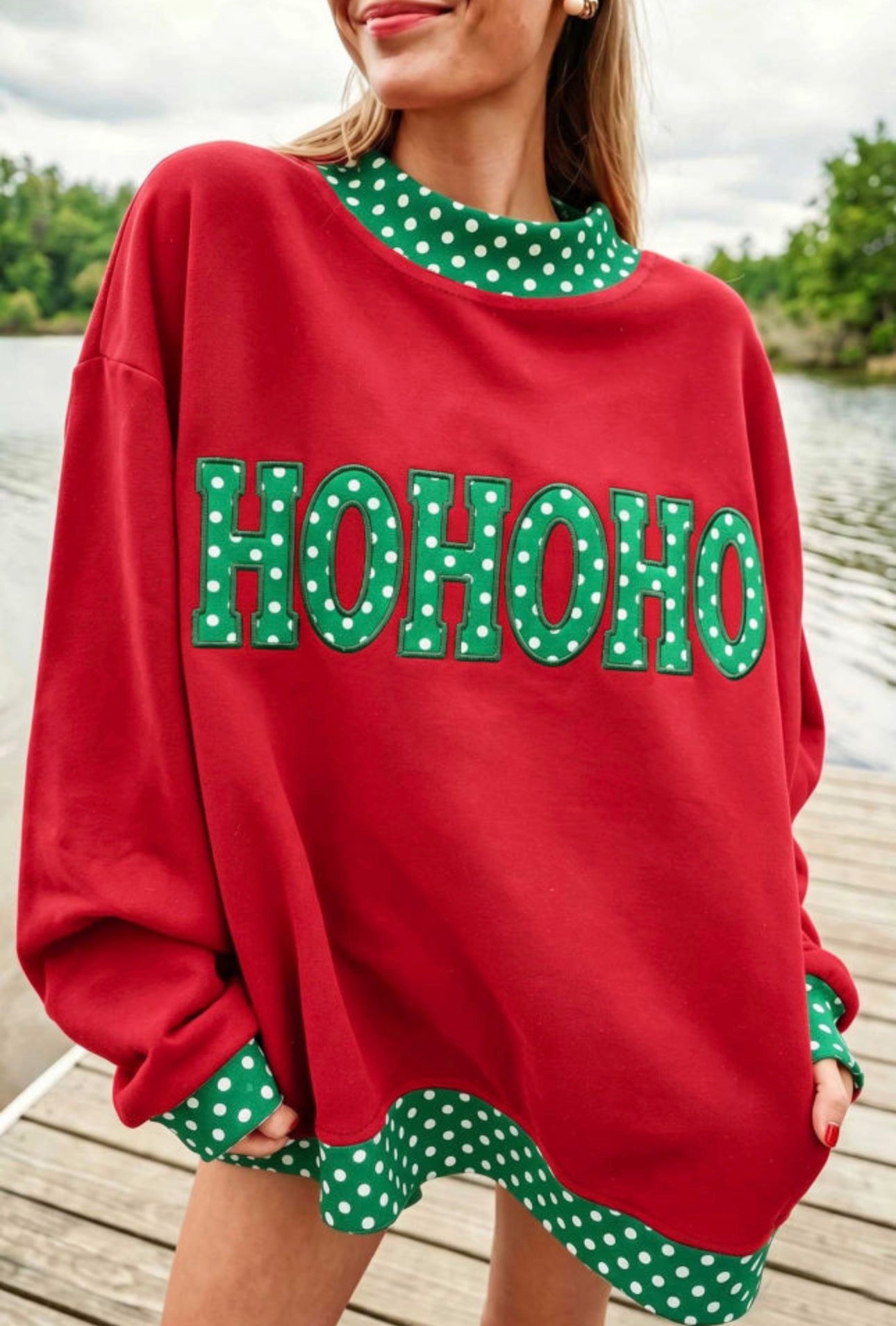 Fiery Red Polka Dot Letter Print Contrast Trim Mock Neck Sweatshirt