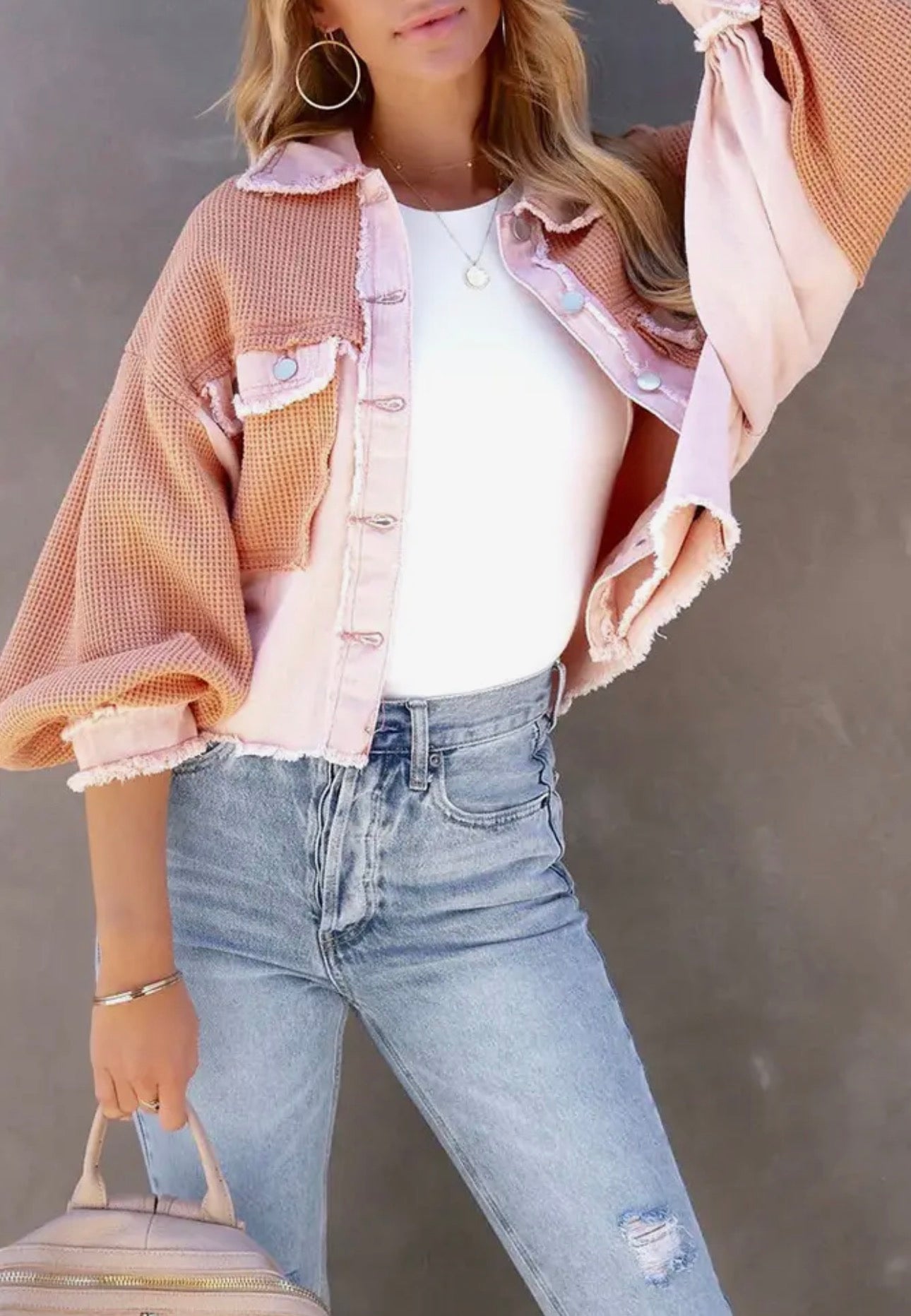 Plain waffle knit button up crop shacket